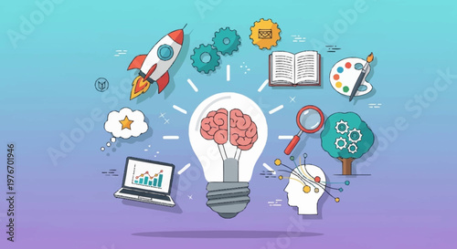Creative Idea Generation - Brainstorming with Lightbulb and Innovation Elements.