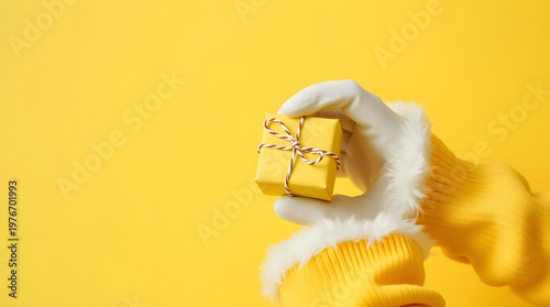 santa hand holding gift box on yellow background	