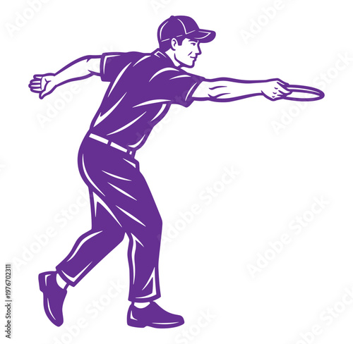 Man in purple shirt and cap throwing a frisbee sideways outdoors recreational activity