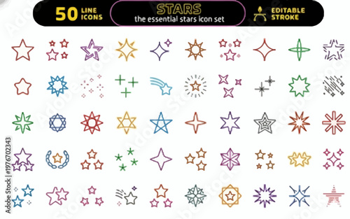 Collection of 50 Essential Stars Line Icons in Various Styles and Colors for Design Projects