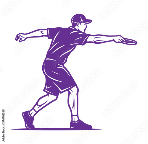Man in purple shirt and cap throwing frisbee in dynamic pose isolated on transparent background