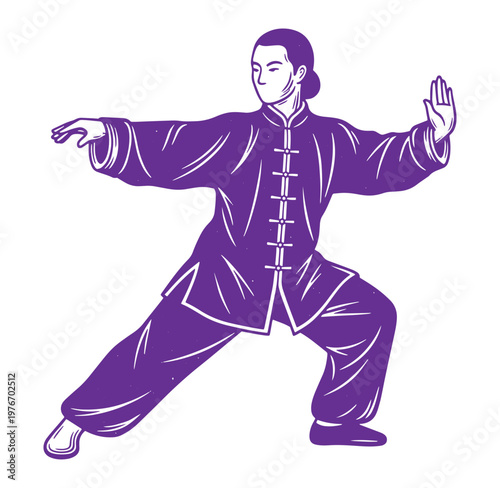 Man in traditional Chinese martial arts uniform practicing tai chi on transparent background