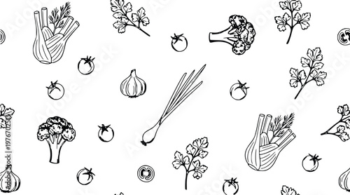 Hand-drawn vector illustration pattern of fresh culinary ingredients, fennel, broccoli, parsley, tomatoes, garlic, and green onions, perfect for healthy food-related design projects.