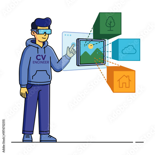 A conceptual flat vector illustration showing a Computer Vision Engineer pulling apart a 2D image of a landscape into distinct, colorful layers. One layer represents trees, another represents the sky,