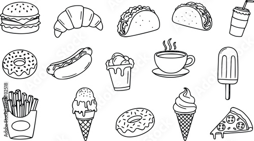 Vector illustration collection of fast food icons including burgers, tacos, crispy fries, cold ice cream, hot coffee and sweet donuts drawn in a clean simple line art style.