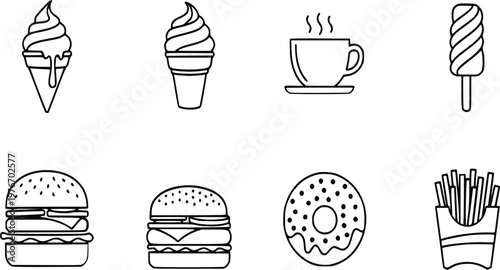 Vector line art illustration featuring a variety of popular fast food and sweet treat icons, ice cream, hot coffee,popsicle,burgers, donut, and french fries.