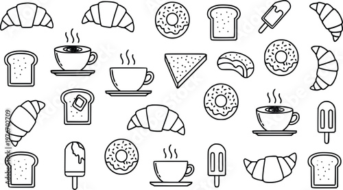 Vector graphic illustration featuring a diverse collection of monochrome outline icons  including steaming cups of coffee, fresh flaky croissants, assorted donuts, sliced bread and tasty desserts.
