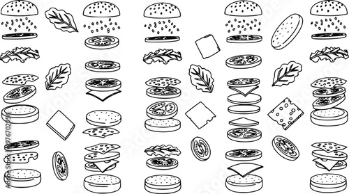 Black and white vector illustration showcasing hamburger ingredients,floating buns, patties, cheese slices, fresh tomato slices, and crisp lettuce leaves, perfect for food graphic design projects