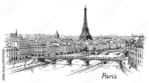 A detailed black and white sketch of the iconic Eiffel Tower and Parisian cityscape, with the Seine River flowing through the foreground.