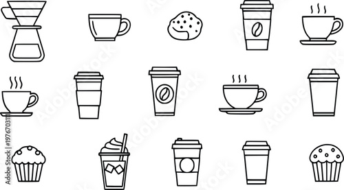Vector graphic illustration showcases a variety of coffee shop essentials including steaming mugs, disposable takeaway cups, ceramic saucers, fresh baked muffins, and sweet cookies in a clean and mini