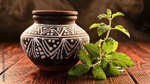 Clay pot with traditional white patterns beside a fresh green plant with water droplets, warm brown background, gentle steam rising, rustic natural setting