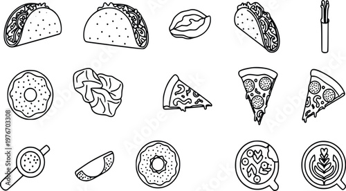 Vector graphic illustration showcasing a collection of popular snacks, fast food items, and drinks,tasty tacos, pepperoni pizza slices, sweet donuts, and coffee cups, clean line art style.