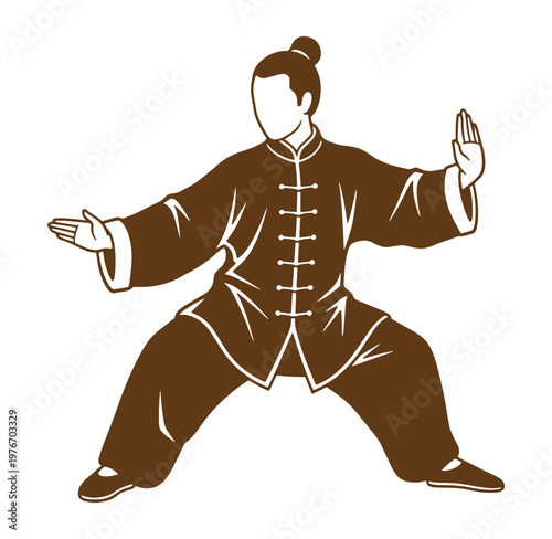 Martial arts illustration of man in traditional kung fu uniform performing stance