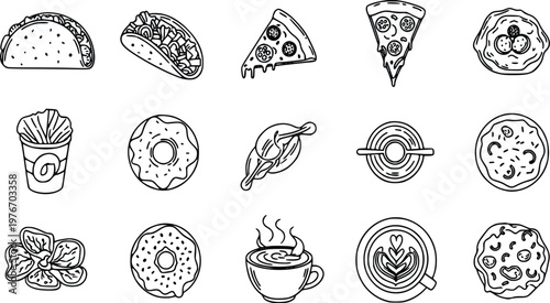 Vector illustration featuring a hand-drawn collection of popular fast food, savory dishes, sweet pastries, and hot beverages, perfect for menu designs, food blogs, or restaurant graphics.
