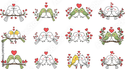 Love Birds Illustration Set Featuring Cute Cartoon Pairs with Heart and Floral Decorations for Valentine's Day and Romantic Design