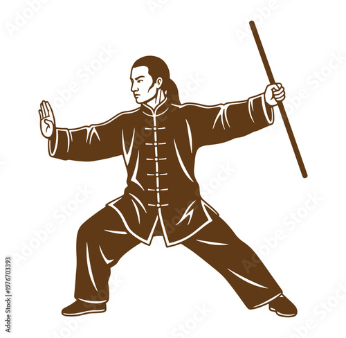 Martial arts man in traditional kung fu uniform holding a long staff in a fighting stance isolated on white background