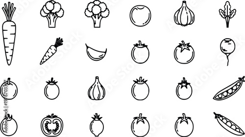 Comprehensive vector illustration collection features a diverse set of minimalist line art vegetable icons including carrots, tomatoes, garlic cloves, broccoli florets and pea pods designed for clean