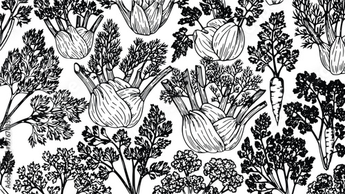 Hand drawn vector illustration featuring detailed sketches of fresh fennel bulbs with lush green fronds and carrot roots arranged in a repeating pattern that highlights organic shapes