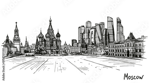 A detailed black and white sketch of the Moscow skyline, showcasing iconic historical buildings alongside modern skyscrapers.
