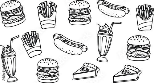 Creative vector illustration features a collection of delicious fast food items including juicy hamburgers savory hot dogs crispy french fries sweet milkshakes and tasty slices of pie rendered