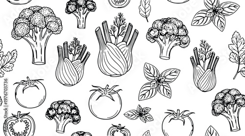 Detailed vector illustration features a recurring organic pattern of healthy vegetables including fresh broccoli florets and ripe round tomatoes alongside aromatic basil leaves designed for culinary