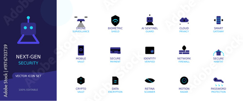 A comprehensive next-gen security vector icon set representing various protection and data privacy concepts in a clean, flat digital illustration style.
