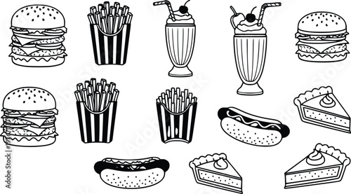 Delightful collection of fast food vector illustrations, featuring juicy hamburgers, crispy french fries, creamy milkshakes, savory hot dogs, and sweet pie slices, perfect for retro diner menu