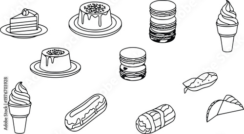 Black and white vector illustration features delicious sweet desserts including sliced cake macaroons soft serve ice cream and pastries designed for clean culinary menus and modern graphic projects.