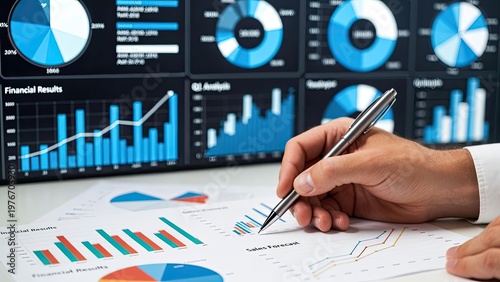 Business performance analysis graphs and reports in a modern office environment