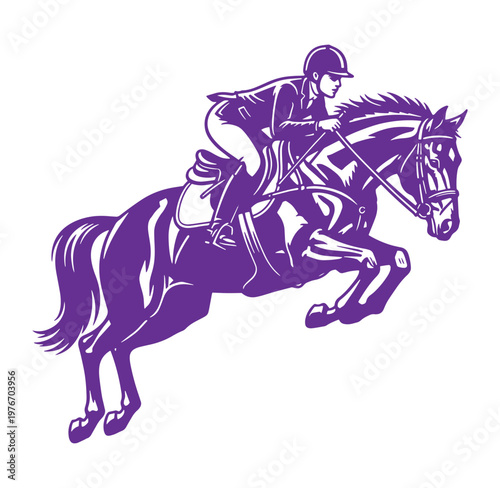 Purple silhouette of a jockey riding a horse  equestrian sports illustration