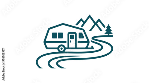 Camping Adventure Logo Caravan Mountains and Road
