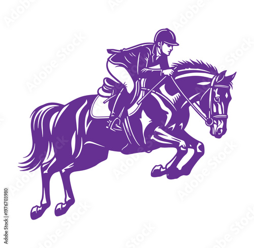 Purple silhouette of a jockey riding a horse at full gallop in motion