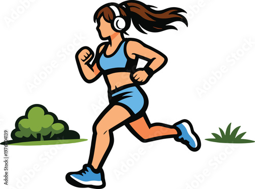 Cartoon woman running on a path, wearing athletic gear, with trees and a blue sky in the background