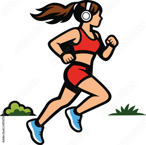 Cartoon girl running energetically with headphones on, enjoying music during her workout.