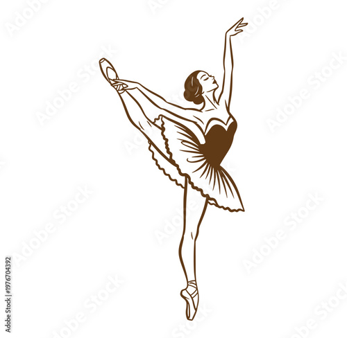 sepia toned illustration of a female ballet dancer in a graceful pose on white background