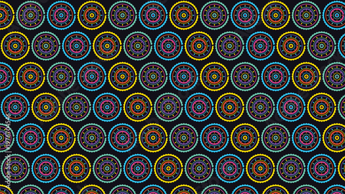 Seamless pattern with vibrant neon geometric circles and ornamental shapes on a dark background. This abstract vector illustration features a repeating design in bright cyan, magenta,