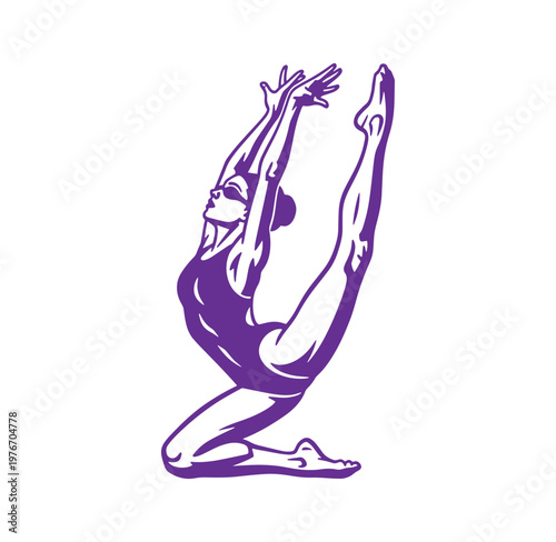 woman in yoga pose with arms raised up in the air in purple silhouette on white background