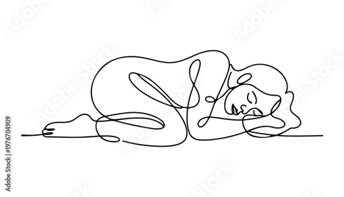 One continuous line illustration of an woman sleeping , isolated on white background.