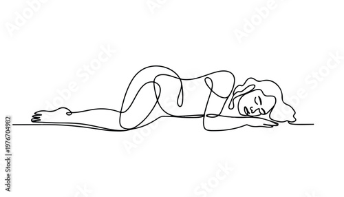 One continuous line illustration of an woman sleeping , isolated on white background.