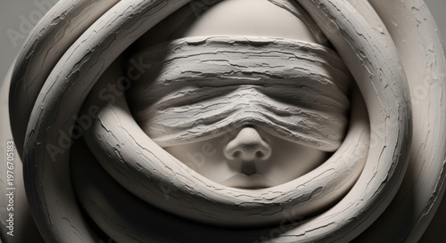Sculptural Serenity: An artistic ceramic sculpture of a face enshrouded in coils, conveying themes of introspection, restraint, and mystery.
