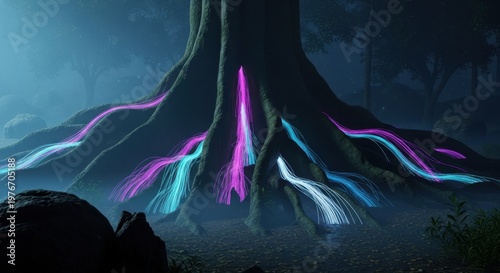 Mystical Tree Roots: A mesmerizing depiction of a tree's intricate root system, illuminated with vibrant neon streaks, in a fantastical forest setting.