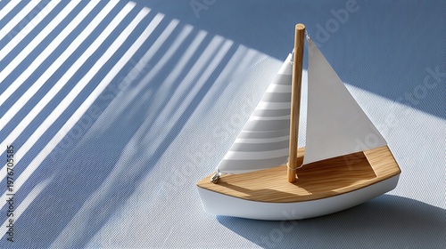 Model sailboat on a textured surface with natural light shadows