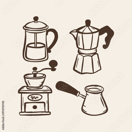 Hand drawn coffee brewing doodle set in naive style. Includes grinder, moka pot, french press and cezve. Cozy cafe illustration for coffee preparation and barista design.