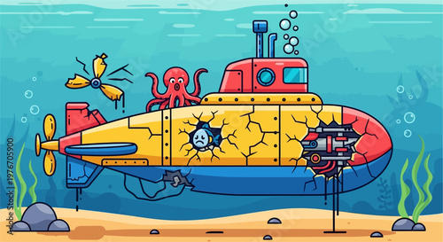 A cartoon illustration of a damaged yellow and red submarine underwater with an octopus on top, a sad fish inside a hole, and a detached propeller.