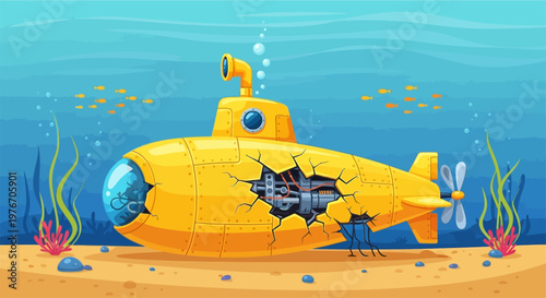 A vibrant yellow cartoon submarine with a large hole revealing internal machinery, resting on the sandy ocean floor amidst seaweed and small fish.