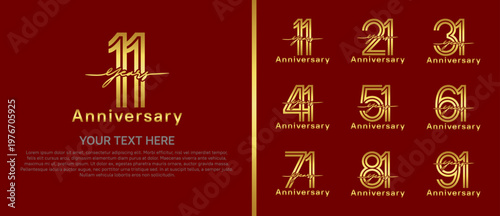 anniversary logo set with handwriting. golden color on red background for celebration moment