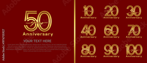 anniversary logo set with handwriting. golden color on red background for celebration moment