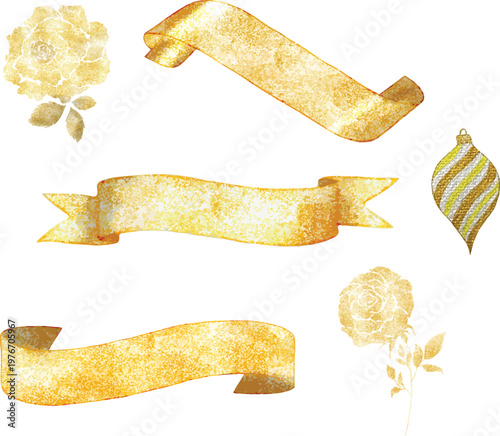 Luxury Gold Glitter Ribbon Banner Set with Floral Elements and Ornament, Elegant Decorative Vector Collection