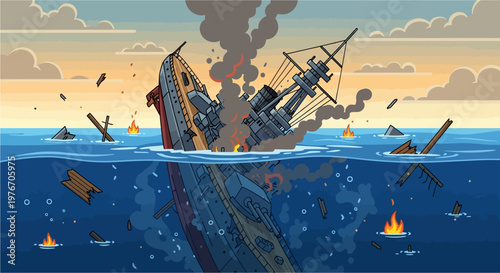 A dramatic illustration of a large battleship sinking into the ocean amidst smoke and fire at sunset.