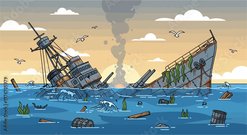 A detailed illustration of a shipwreck at sunset with debris floating in the ocean and smoke rising from the water.